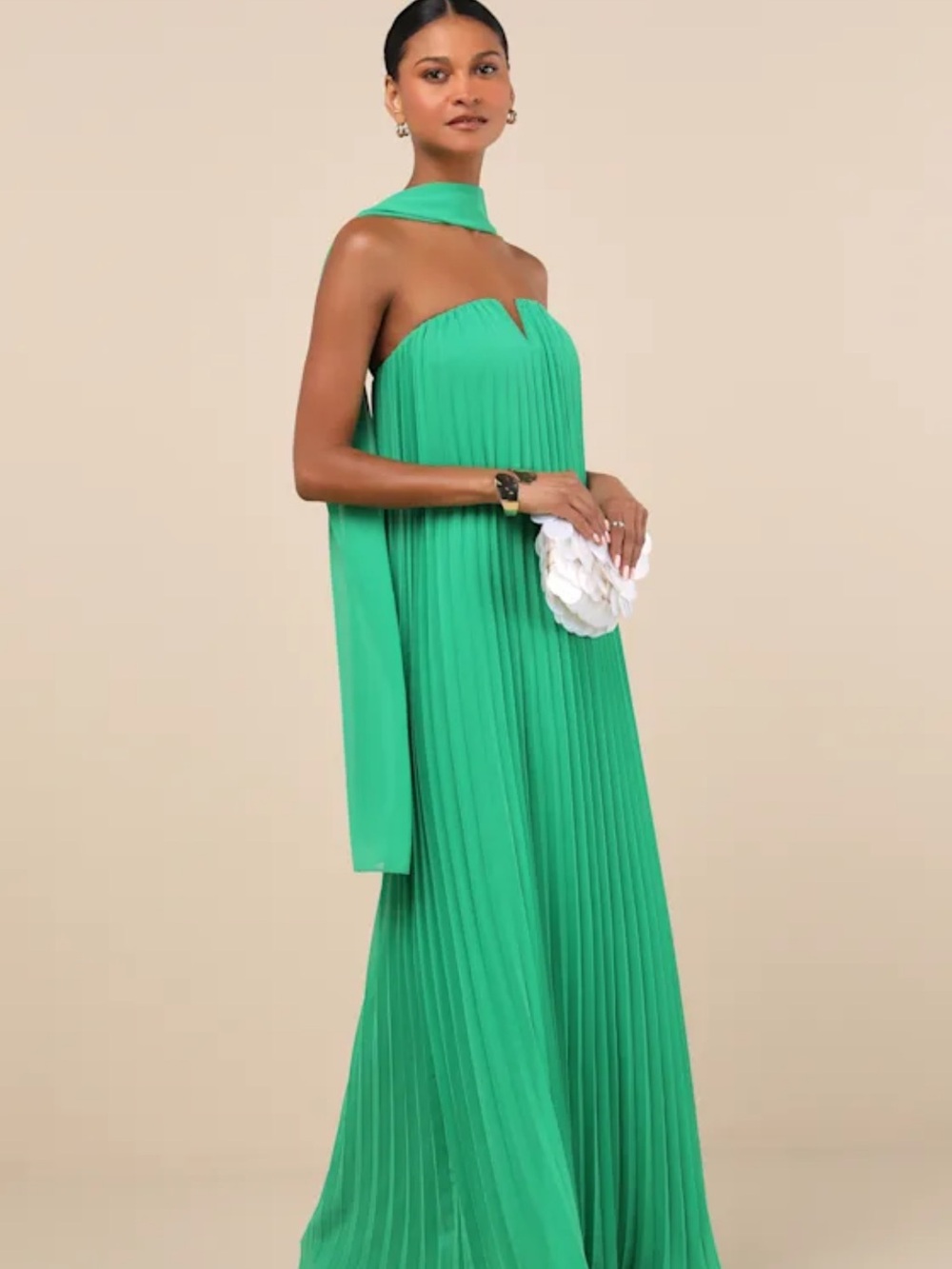 Lael Green Pleated Strapless Dress and Scarf Set - Picture 2 of 4